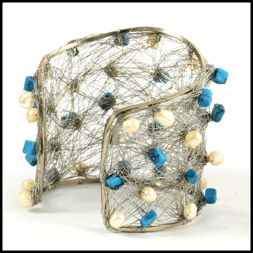 Nina Nguyen Wire Cuff Genuine Turquoise & Pearl. - Picture 2 of 10